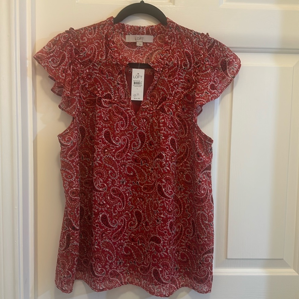 Loft Ladies Sleeveless Top - Bandana Print Red with liner. Size Large Sheer NWT